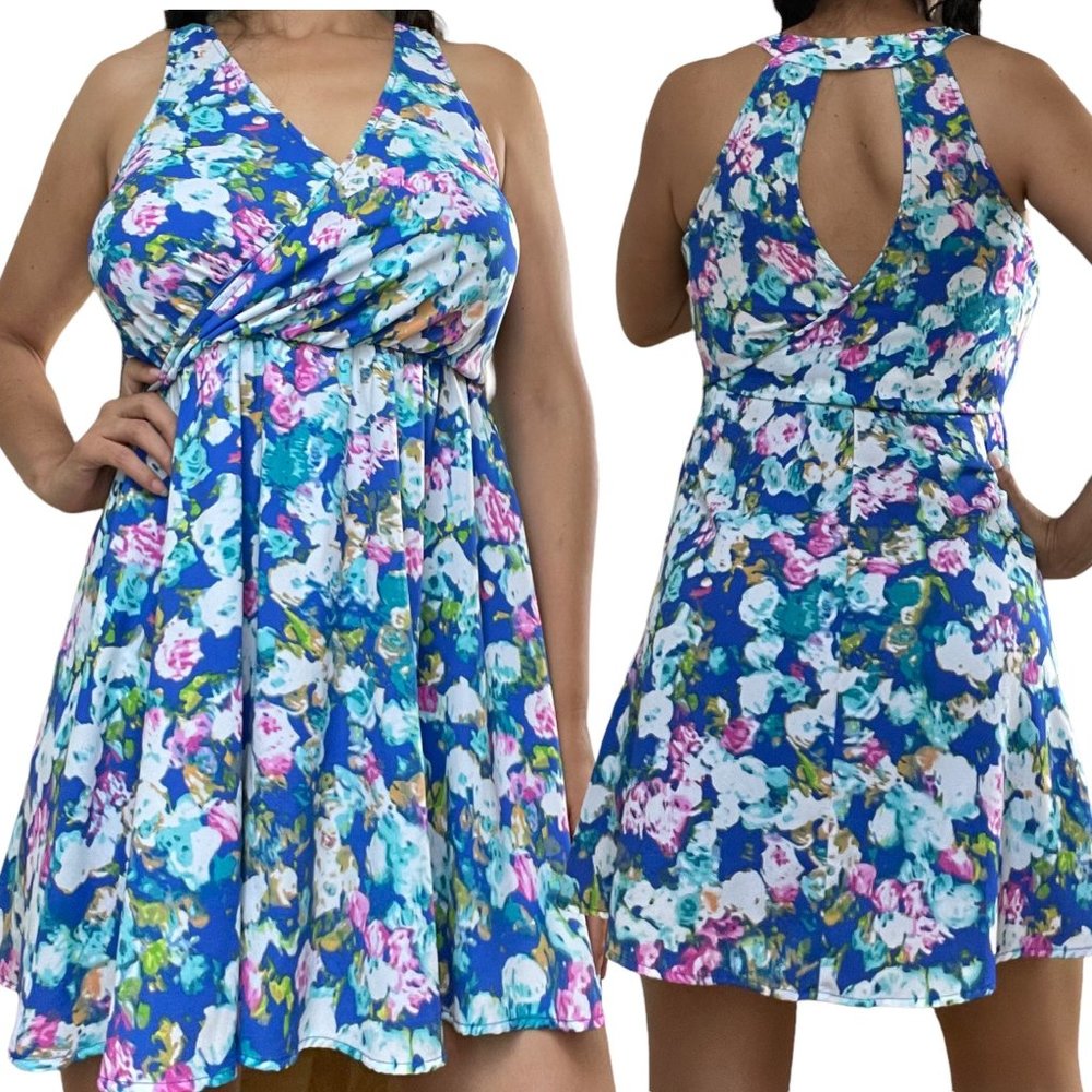 Lush Women A-Line Mini Dress Size XS Blue Pink Elastic Waist Lined Sleeveless